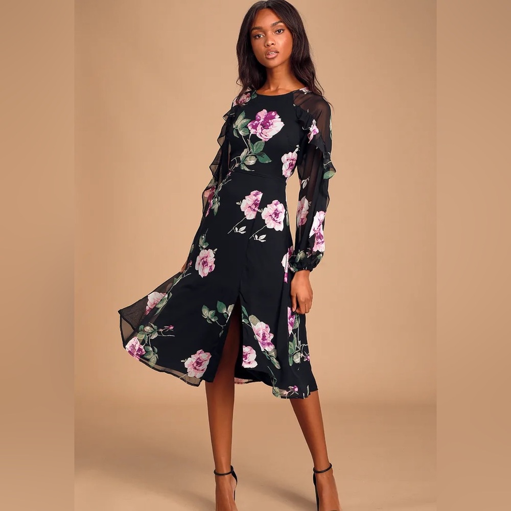 Lulus Once and Flor- All black floral long sleeve midi dress